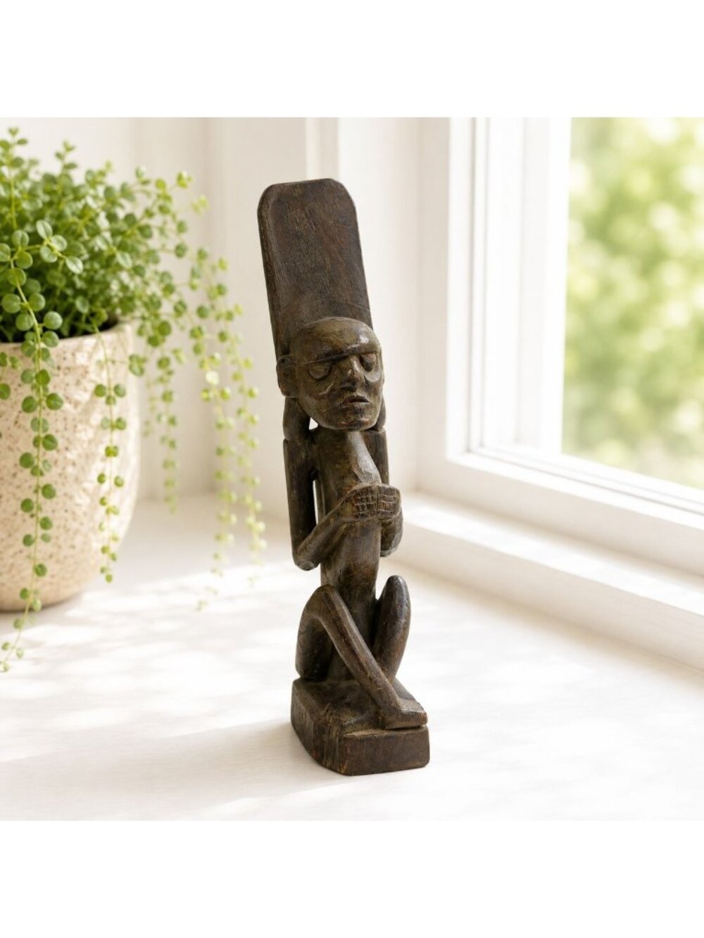 Vintage Hand-Carved Wooden Tribal Guard Figurine - 12" Tall - Rustic Home Decor